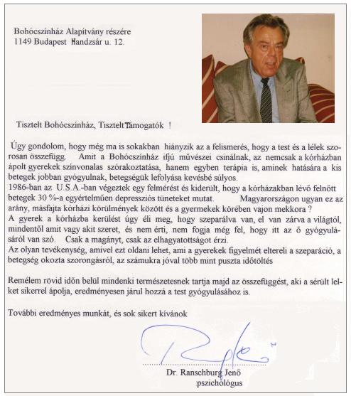 Dr. Ranschburg Jenő pszichológus levele a Bohóc Színház Alapítványhoz