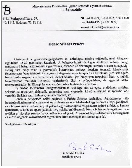 Magyarországi Református Egyház Bethesda Gyermekkórháza levele a Bohóc Színház Alapítvány részére